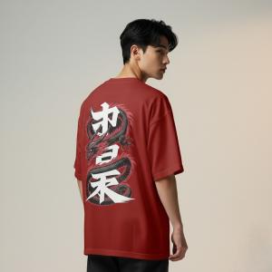 Samurai Dragon Oversized T-Shirt – Japanese Kanji Art (Red)